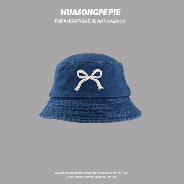Embroidered Bucket Denim Bow Hat