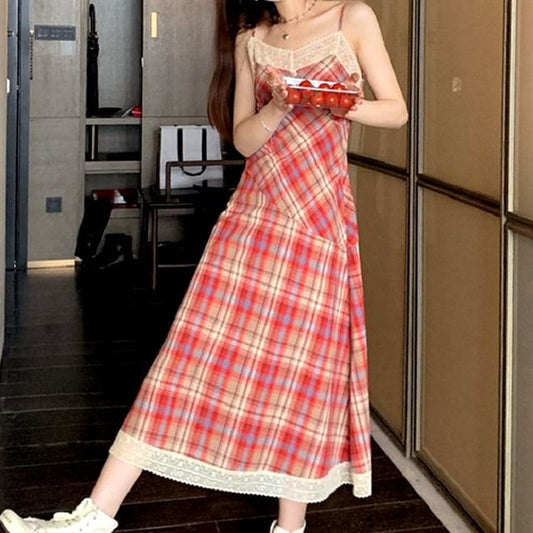 Plaid Midi A-Line Lace Spaghetti Strap Trim Dress