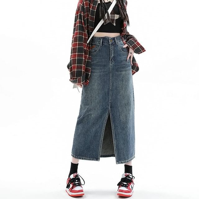 Skirt Pencil Midi Washed Denim High Slit Rise