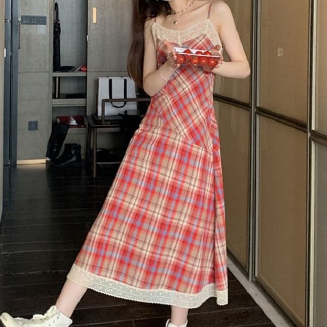 Plaid Midi A-Line Lace Spaghetti Strap Trim Dress