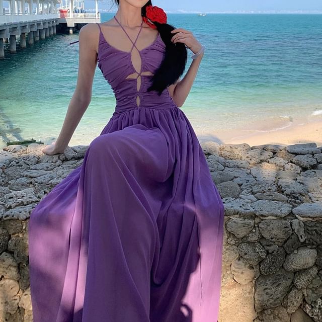 Neck Spaghetti A-Line Plain Dress Maxi Scoop Strap