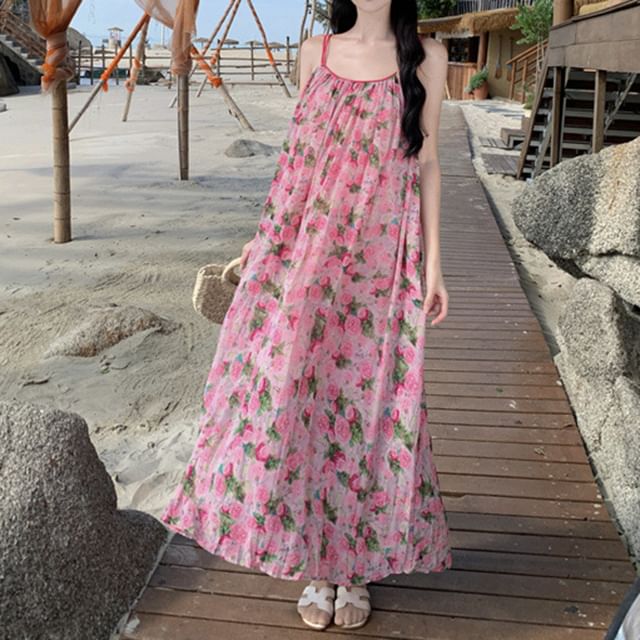 Neck Spaghetti Floral A-Line Dress Scoop Maxi Strap