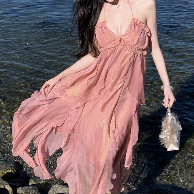 A-Line V-Neck Dress Plain Trim Maxi Halter Ruffle