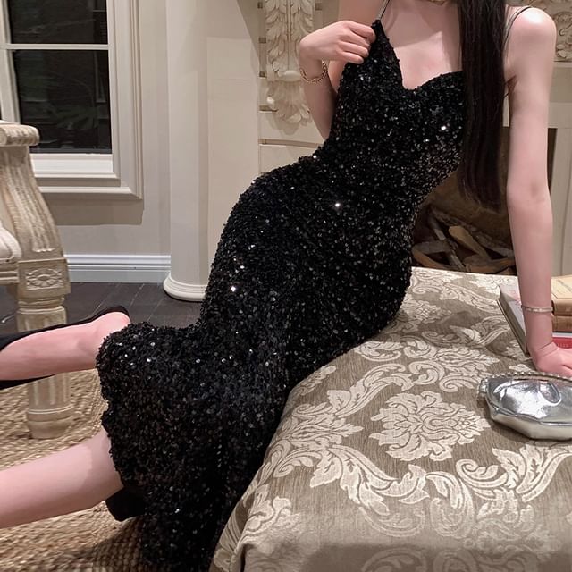 Mermaid V-Neck Spaghetti Evening Sequin Gown Strap