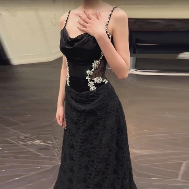 Lace Gown Panel Strap Evening Accent Spaghetti A-Line Neck Cowl Rhinestone