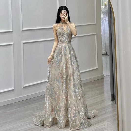 A-Line Fringed V-Neck Cold Gown Halter Shoulder Sequin Evening