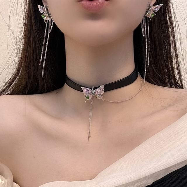 Earring Faux / Choker Alloy Butterfly Threader Leather