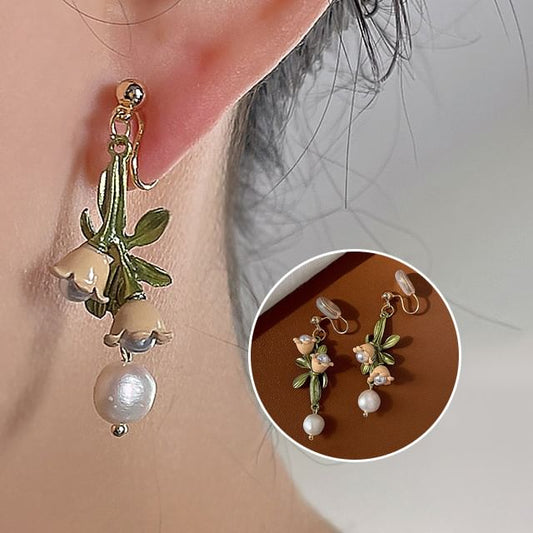 Earring Pearl Dangle Floral Alloy Freshwater