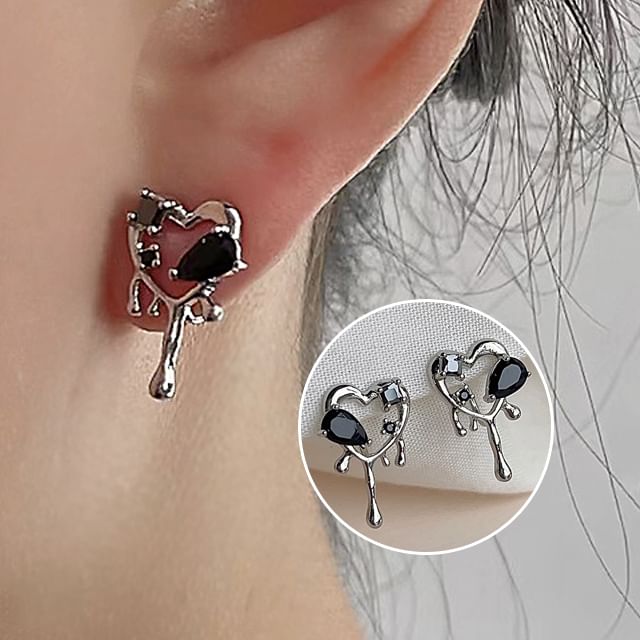 Stud Rhinestone Melting Heart Earring Alloy