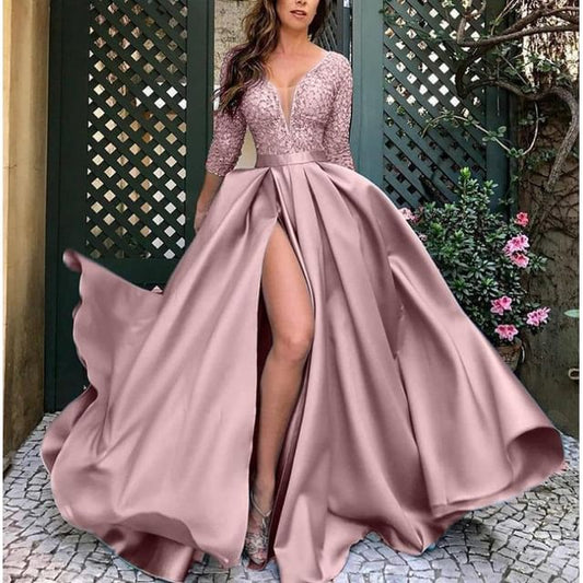 Slit Panel Gown Elbow-Sleeve Evening Lace A-Line