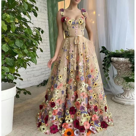 Floral A-Line Strap Evening Wide Gown