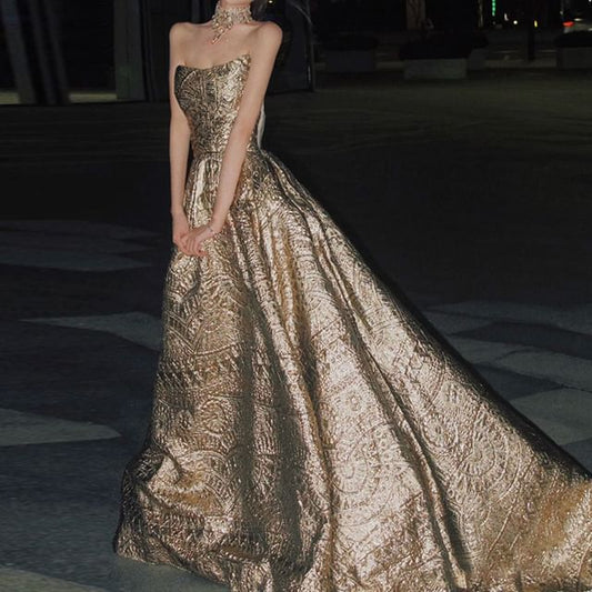 Patterned Evening A-Line Strapless Gown Jacquard