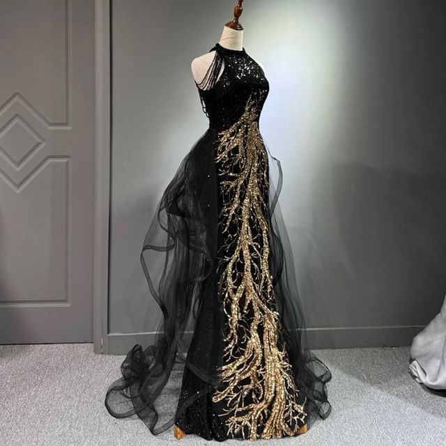 Shoulder Halter Mermaid Mesh Panel Neck Evening Fringed Gown Cold Sequin