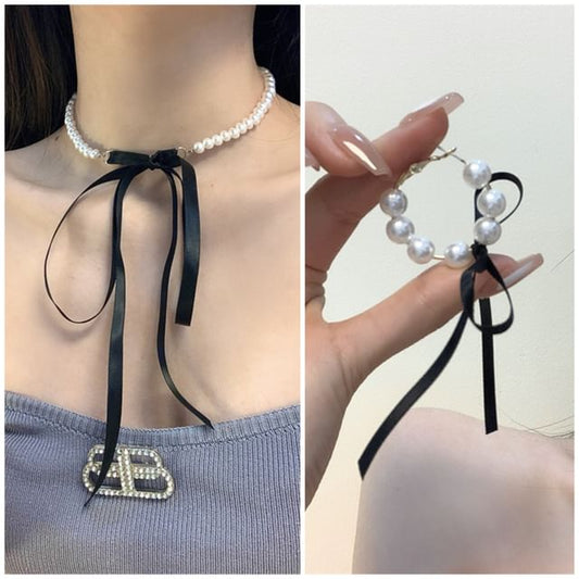 Earring Choker Bow Pearl Faux / Hoop