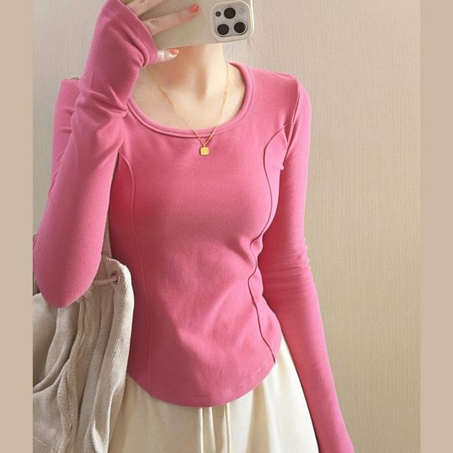 Neck Long-Sleeve Plain Asymmetrical T-Shirt Scoop