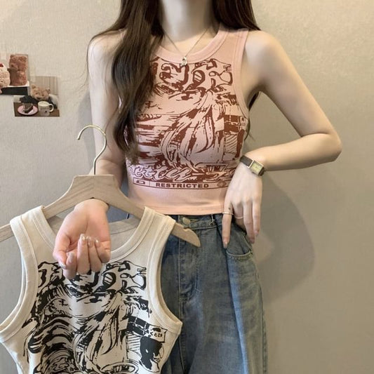 Tank Round Crop Graphic Top Print Neck
