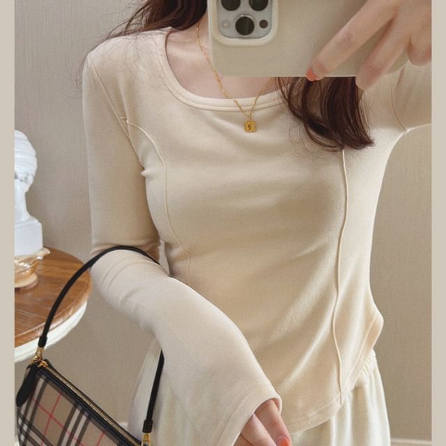 Neck Long-Sleeve Plain Asymmetrical T-Shirt Scoop