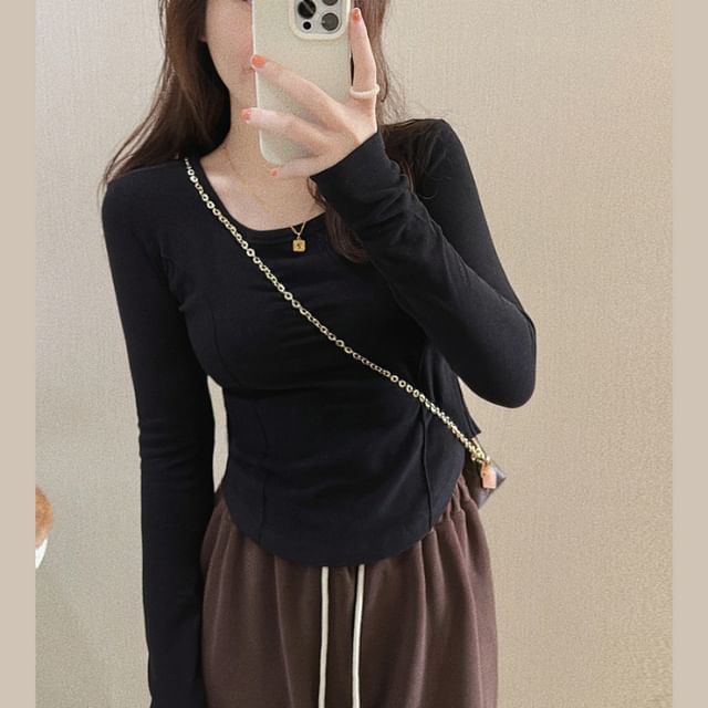 Neck Long-Sleeve Plain Asymmetrical T-Shirt Scoop