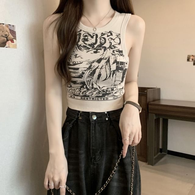 Tank Round Crop Graphic Top Print Neck