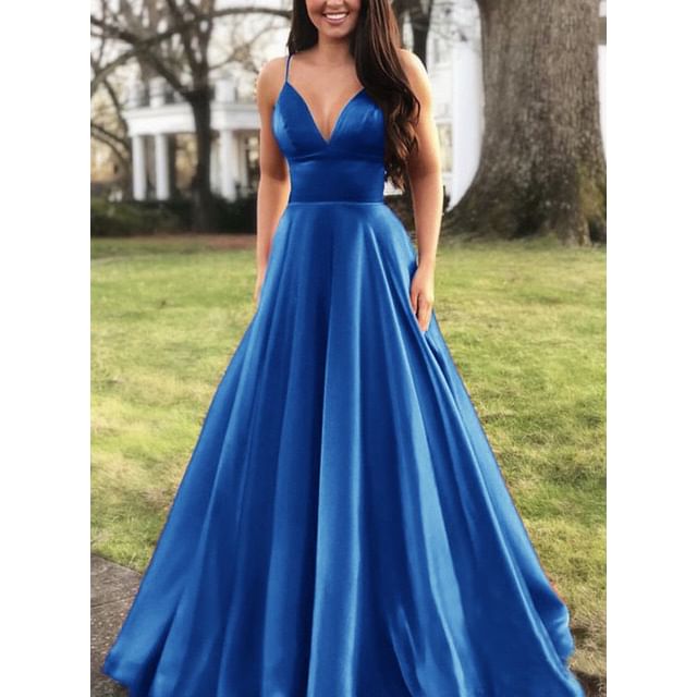 Strap Plain Evening Spaghetti Gown A-Line