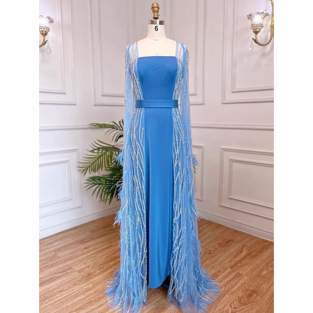 Gown Flared-Sleeve Sequin Sheath Evening