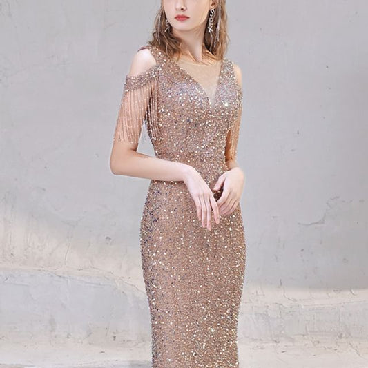 Sequin Trumpet Fringe Sleeve Beaded Shoulder Evening Cap Dress Cold