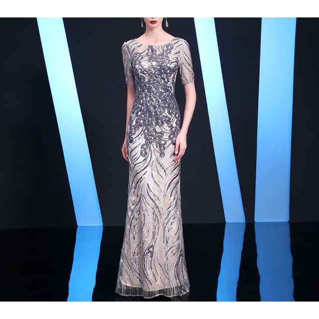 Short-Sleeve Evening Gown Neck Trumpet Sequin Round Patterned