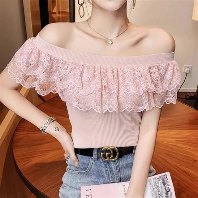 Top Off-Shoulder Knit Lace