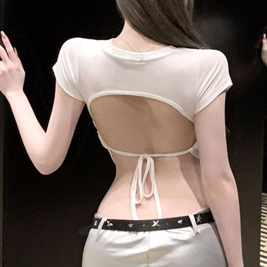 Cropped Open Back Short-Sleeve Plain Tee