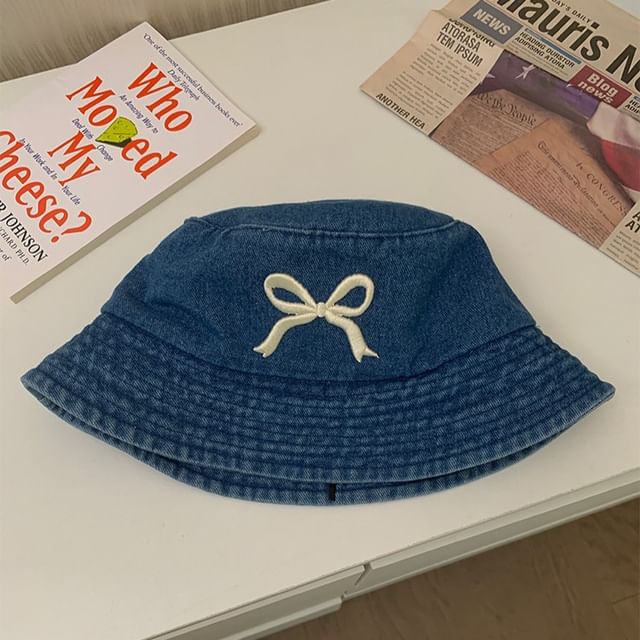 Denim Bucket Embroidered Bow Hat