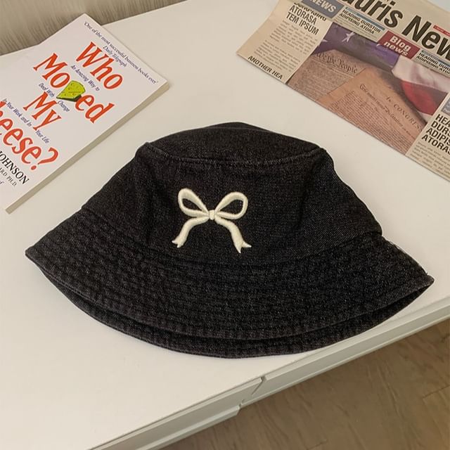 Denim Bucket Embroidered Bow Hat