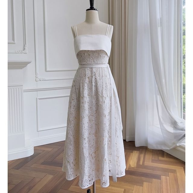 Gown Evening Paneled Spaghetti Strap Lace A-Line