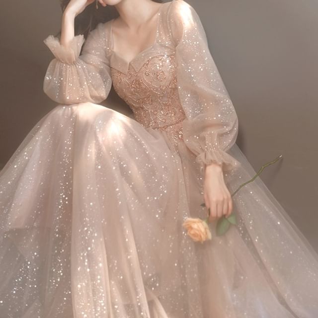 Evening V-Neck / Mesh Puff-Sleeve Gown Sequin Dress A-Line