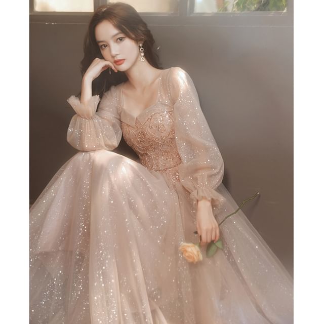 Evening V-Neck / Mesh Puff-Sleeve Gown Sequin Dress A-Line