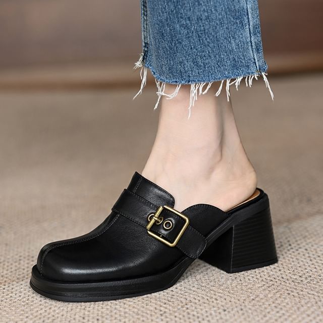 Block Heel Mules Buckled