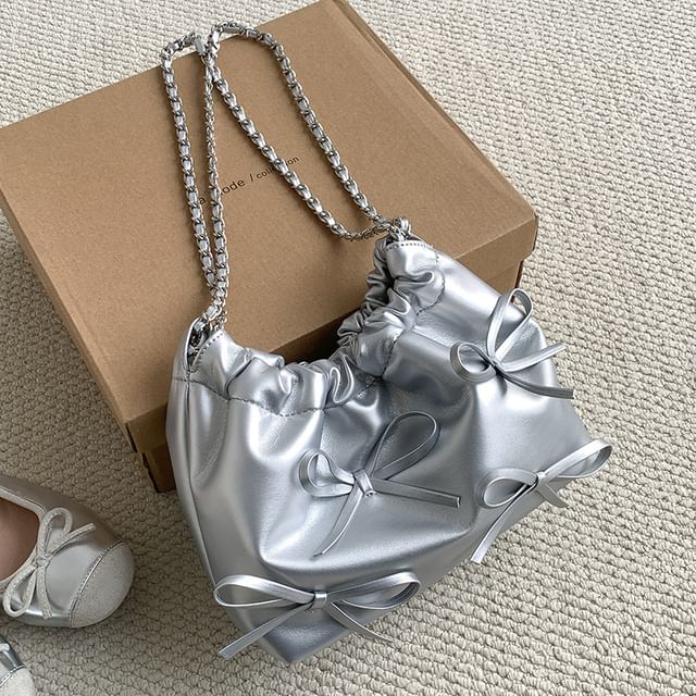 Chain Shoulder Faux Bow Bag Leather Strap