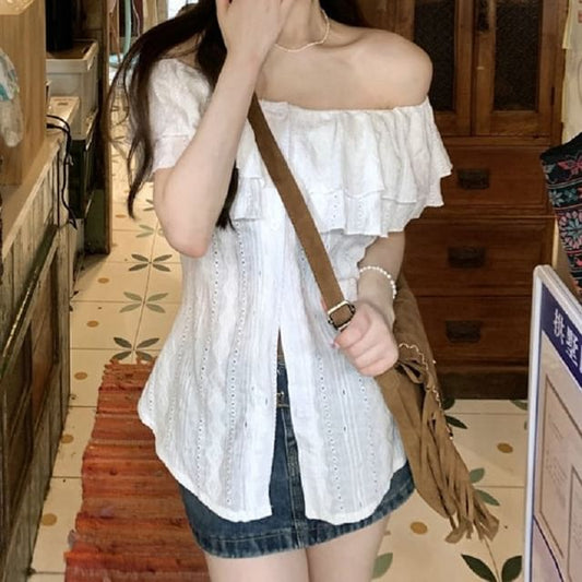 Short-Sleeve Off Plain Shoulder Ruffle Blouse