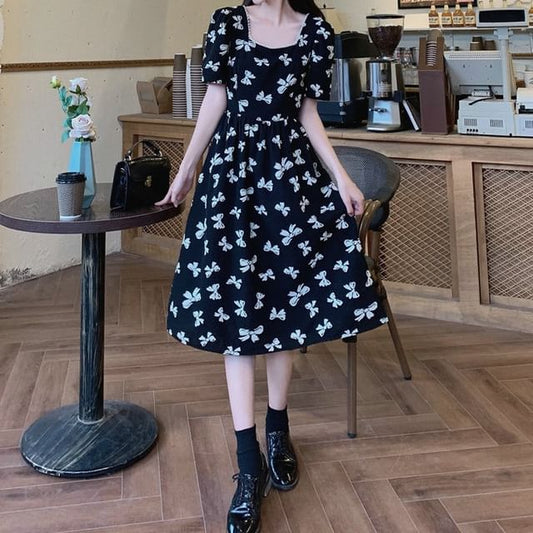 A-Line Dress Back Square Panel Short-Sleeve Tie Midi Neck Bow Print