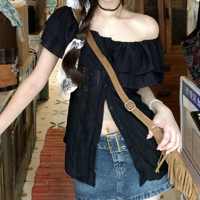 Short-Sleeve Off Plain Shoulder Ruffle Blouse
