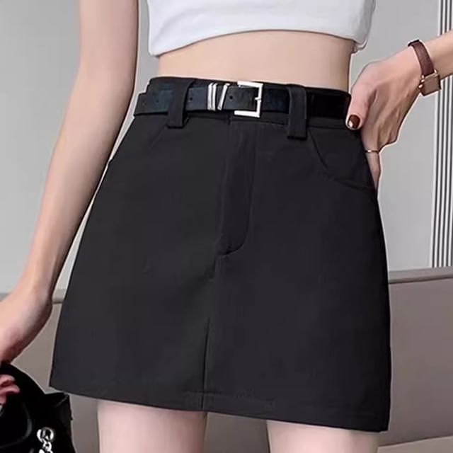 High Set: Mini Plain Belt Waist + Skirt A-Line