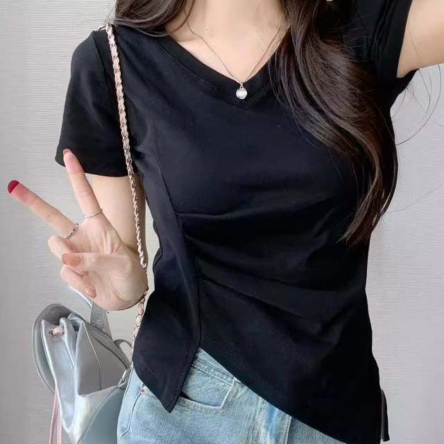 Plain V-Neck Ruched T-Shirt Short-Sleeve Asymmetrical