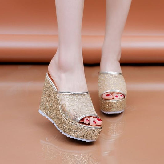 Glitter Wedge Slide Sandals Plain
