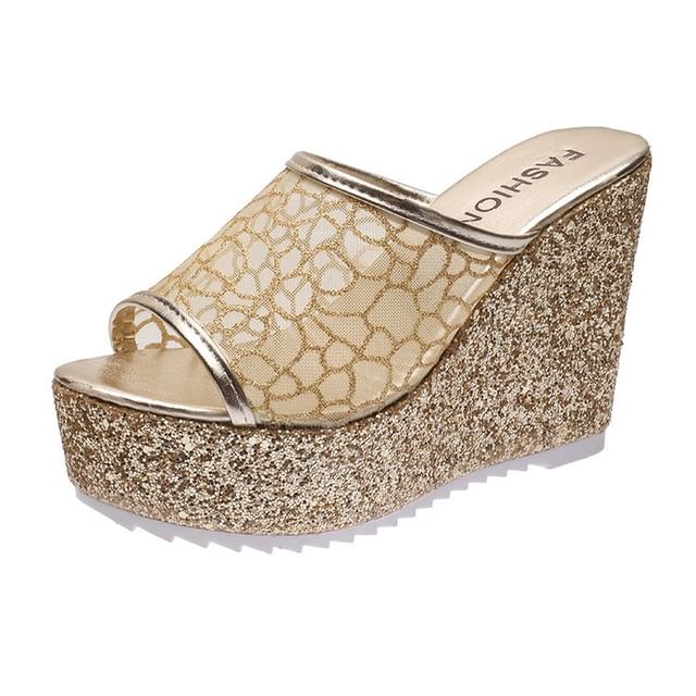 Glitter Wedge Slide Sandals Plain