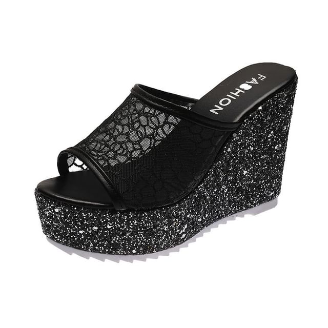 Glitter Wedge Slide Sandals Plain
