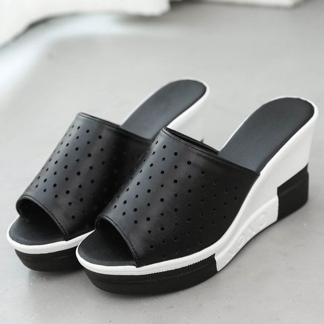 Sandals Slide Wedge Pointelle Plain