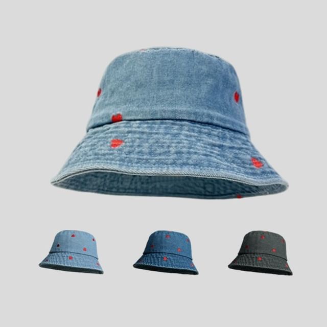Embroidered Hat Washed Heart Bucket Denim