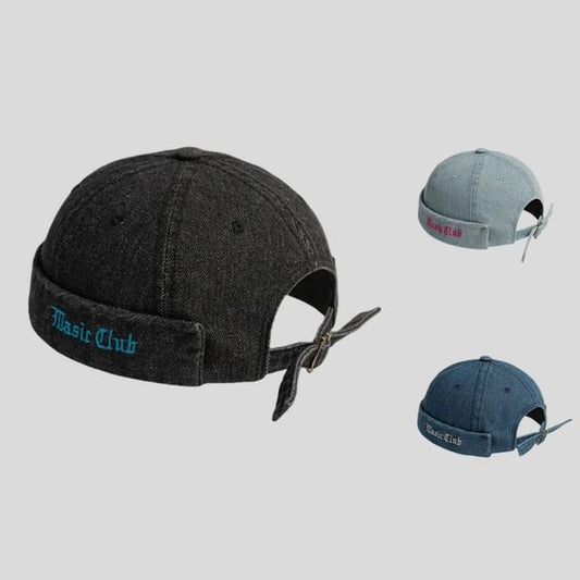 Denim Embroidered Washed Lettering Hat Brimless