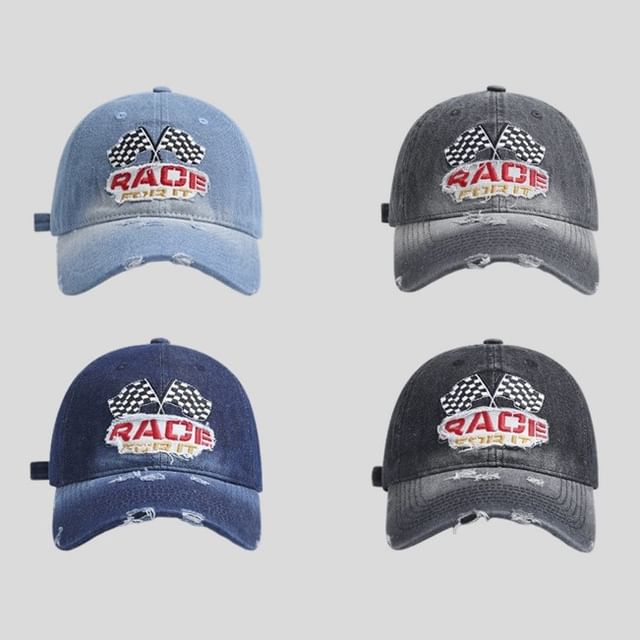 Denim Lettering Cap Distressed Embroidered Washed Baseball