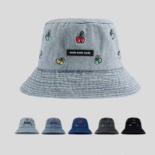 Washed Denim Embroidered Bucket Cherry Hat