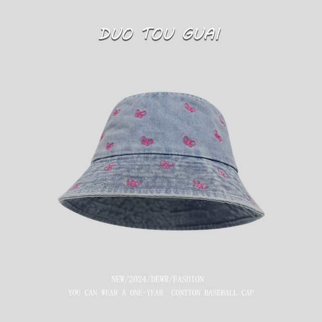Hat Washed Bow Denim Bucket Embroidered